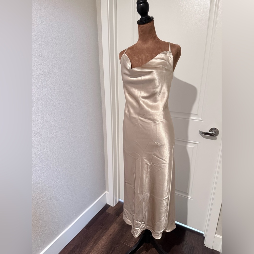 Birdy Grey Champagne Satin Slip Dress – Cowl Neck Bridesmaid Midi Maxi